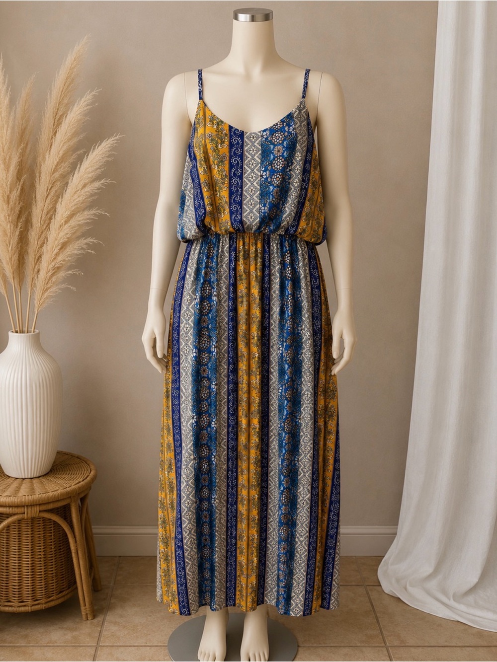 Source Unknown Striped Boho Maxi Dress - Blue & Mustard
